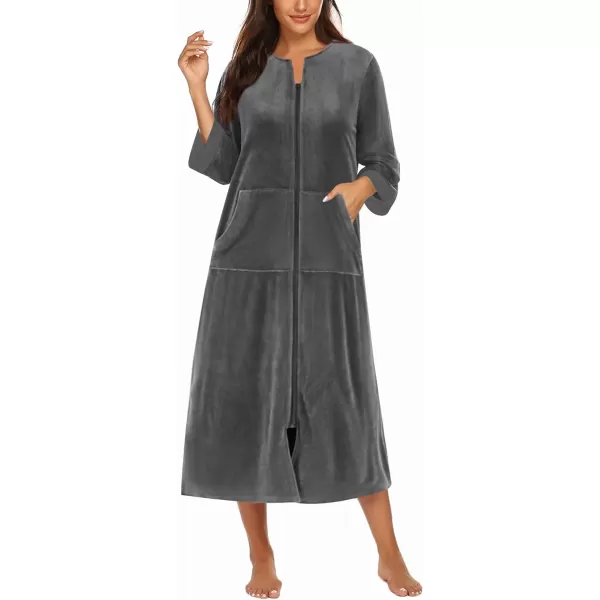 Ekouaer Women Zipper Robe 34 Sleeves Loungewear Dress Full Length Sleepwear Pockets Housecoat Nightgown Long BathrobeStyle 2velourgrey