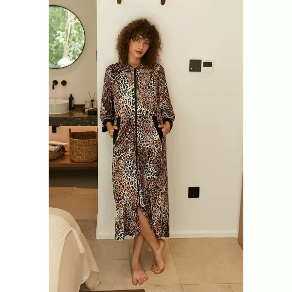 Ekouaer Women Zipper Robe 34 Sleeves Loungewear Dress Full Length Sleepwear Pockets Housecoat Nightgown Long BathrobeStyle 2velourleopard Print