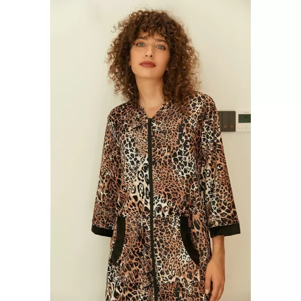 Ekouaer Women Zipper Robe 34 Sleeves Loungewear Dress Full Length Sleepwear Pockets Housecoat Nightgown Long BathrobeStyle 2velourleopard Print