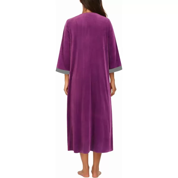 Ekouaer Women Zipper Robe 34 Sleeves Loungewear Dress Full Length Sleepwear Pockets Housecoat Nightgown Long BathrobeStyle 2velourpurple