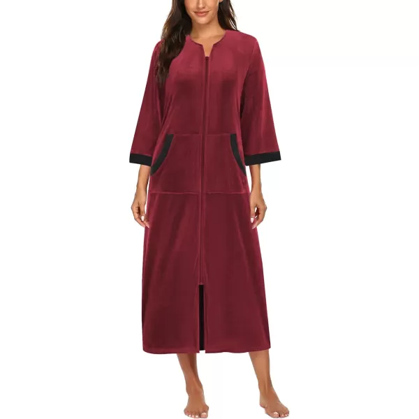 Ekouaer Women Zipper Robe 34 Sleeves Loungewear Dress Full Length Sleepwear Pockets Housecoat Nightgown Long BathrobeStyle 2velourred