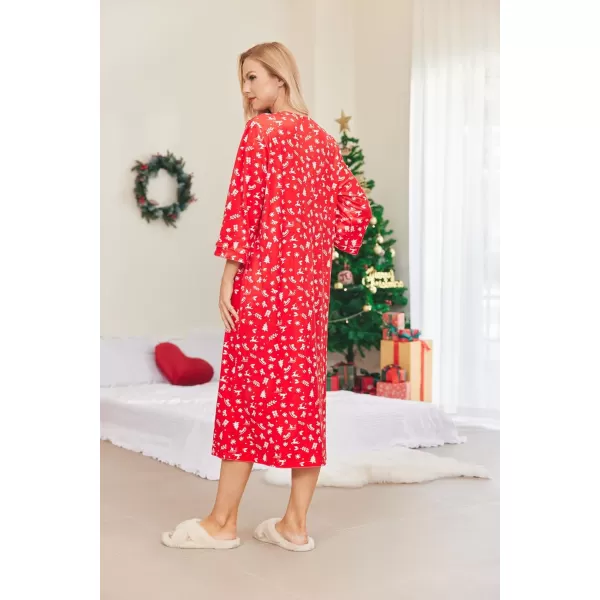 Ekouaer Women Zipper Robe 34 Sleeves Loungewear Dress Full Length Sleepwear Pockets Housecoat Nightgown Long BathrobeStyle 4christmas Red Print