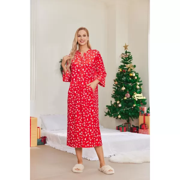 Ekouaer Women Zipper Robe 34 Sleeves Loungewear Dress Full Length Sleepwear Pockets Housecoat Nightgown Long BathrobeStyle 4christmas Red Print