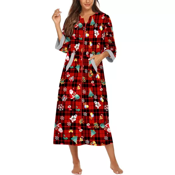 Ekouaer Women Zipper Robe 34 Sleeves Loungewear Dress Full Length Sleepwear Pockets Housecoat Nightgown Long BathrobeXmas Print