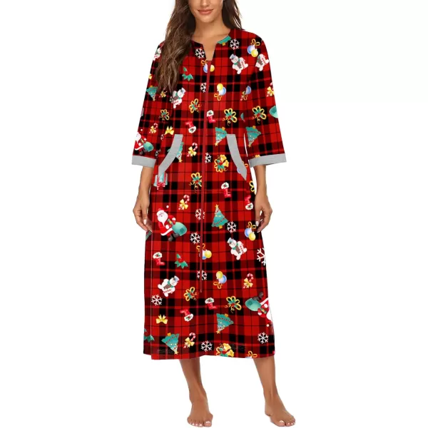 Ekouaer Women Zipper Robe 34 Sleeves Loungewear Dress Full Length Sleepwear Pockets Housecoat Nightgown Long BathrobeXmas Print