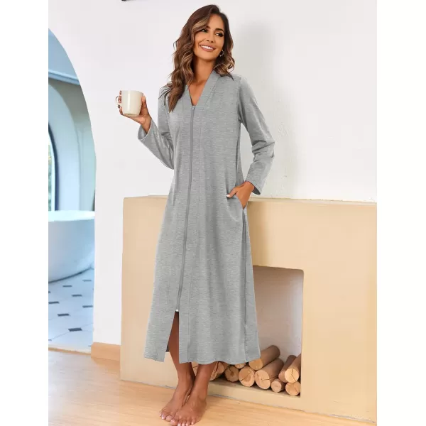 Ekouaer Women Zipper Robe Long Sleeve Loungewear Lightweight Housecoat Full Length Nightgown with PocketsAgray