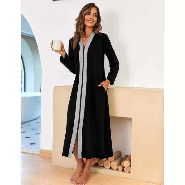 Ekouaer Women Zipper Robe Long Sleeve Loungewear Lightweight Housecoat Full Length Nightgown with PocketsBblack