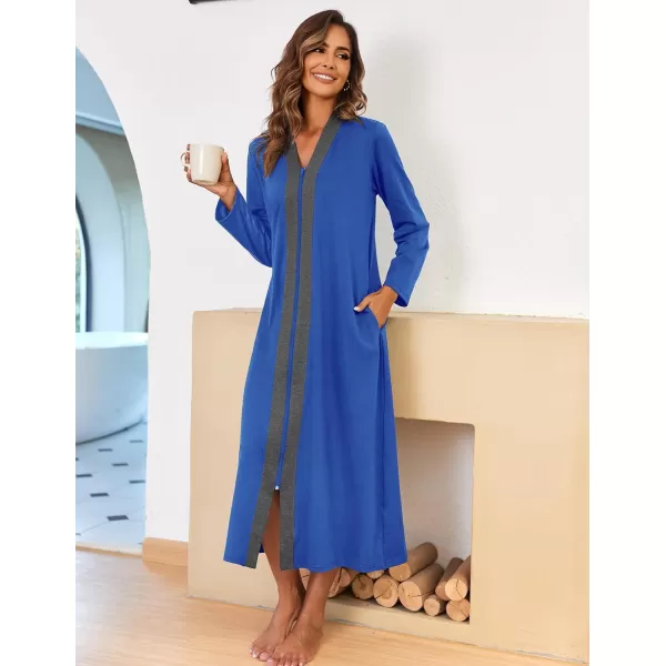 Ekouaer Women Zipper Robe Long Sleeve Loungewear Lightweight Housecoat Full Length Nightgown with PocketsBsnorkel Blue