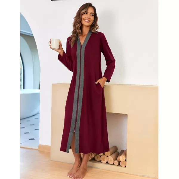 Ekouaer Women Zipper Robe Long Sleeve Loungewear Lightweight Housecoat Full Length Nightgown with PocketsBwine Red