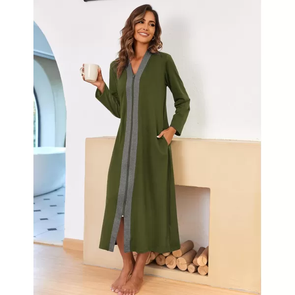 Ekouaer Women Zipper Robe Long Sleeve Loungewear Lightweight Housecoat Full Length Nightgown with PocketsCarmy Green