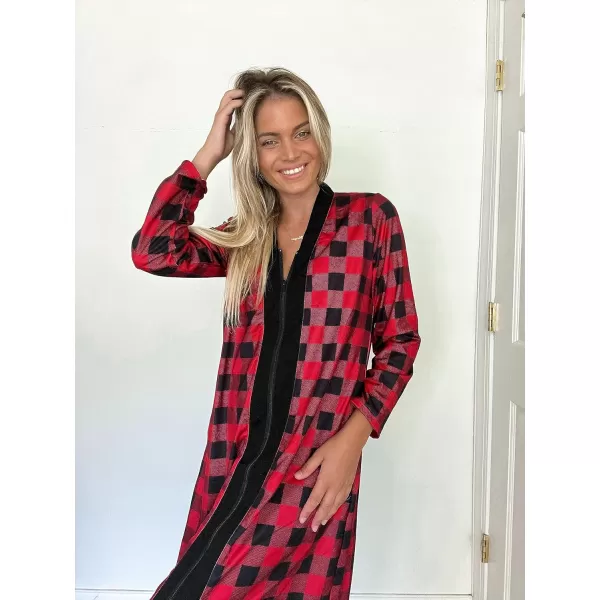 Ekouaer Women Zipper Robe Long Sleeve Loungewear Lightweight Housecoat Full Length Nightgown with PocketsCblack and Red Plaid