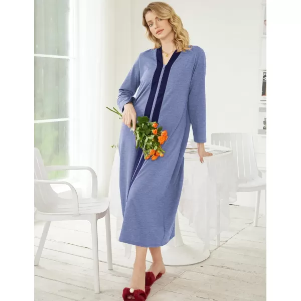 Ekouaer Women Zipper Robe Long Sleeve Loungewear Lightweight Housecoat Full Length Nightgown with PocketsCblue