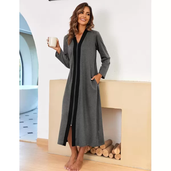 Ekouaer Women Zipper Robe Long Sleeve Loungewear Lightweight Housecoat Full Length Nightgown with PocketsCdark Gray