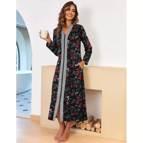 Ekouaer Women Zipper Robe Long Sleeve Loungewear Lightweight Housecoat Full Length Nightgown with PocketsZblackfloral