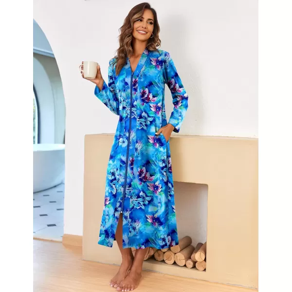 Ekouaer Women Zipper Robe Long Sleeve Loungewear Lightweight Housecoat Full Length Nightgown with PocketsZbluefloral