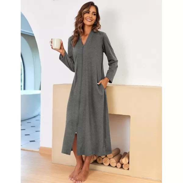 Ekouaer Women Zipper Robe Long Sleeve Loungewear Lightweight Housecoat Full Length Nightgown with PocketsZmedium Grey