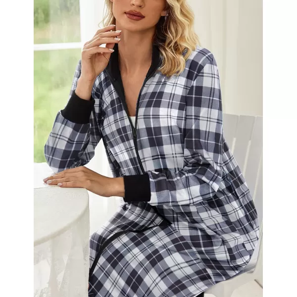 Ekouaer Women Zipper Robe Long Sleeve Nightgown Full Length Christmas Nightshirt Plaid Sleepshirt Women Long House CoatBlack amp White Plaid