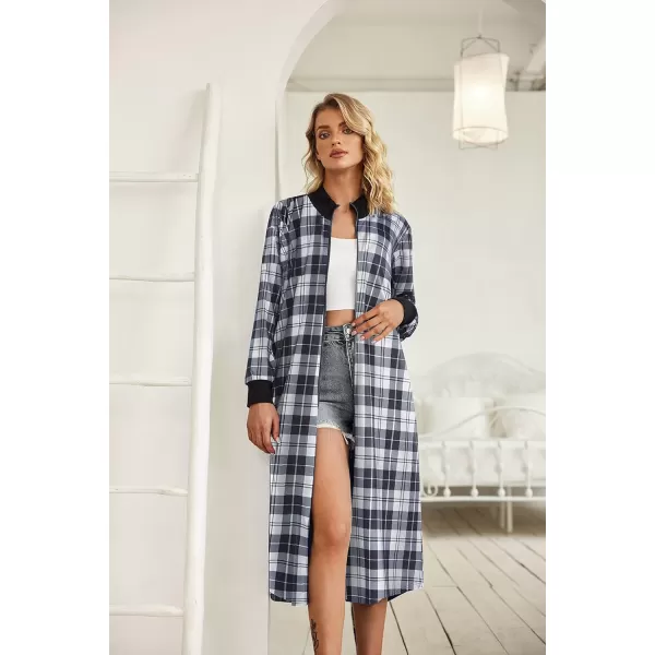 Ekouaer Women Zipper Robe Long Sleeve Nightgown Full Length Christmas Nightshirt Plaid Sleepshirt Women Long House CoatBlack amp White Plaid