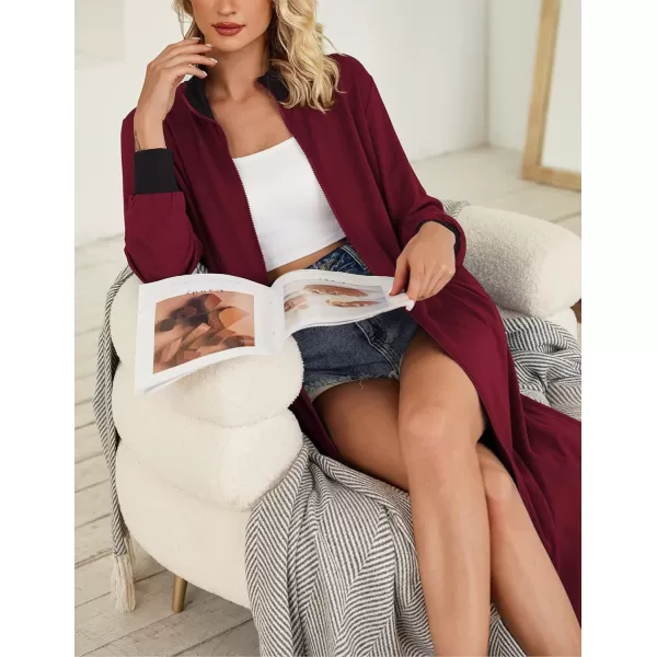Ekouaer Women Zipper Robe Long Sleeve Nightgown Full Length Christmas Nightshirt Plaid Sleepshirt Women Long House CoatWine Red