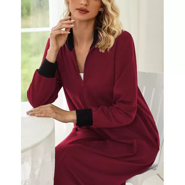 Ekouaer Women Zipper Robe Long Sleeve Nightgown Full Length Christmas Nightshirt Plaid Sleepshirt Women Long House CoatWine Red
