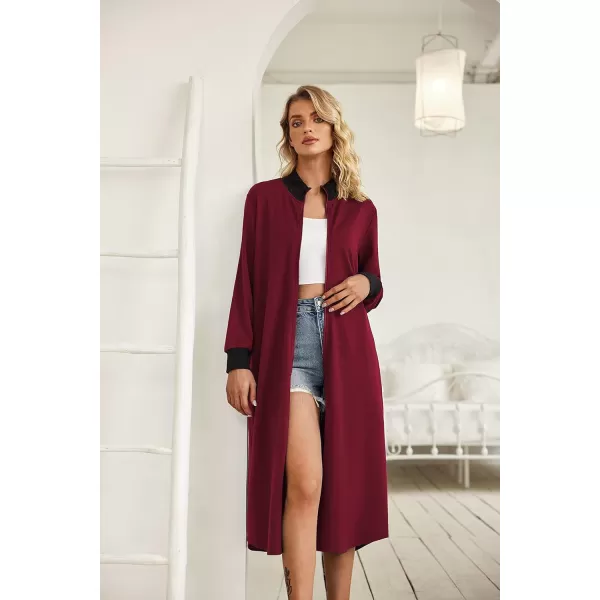 Ekouaer Women Zipper Robe Long Sleeve Nightgown Full Length Christmas Nightshirt Plaid Sleepshirt Women Long House CoatWine Red
