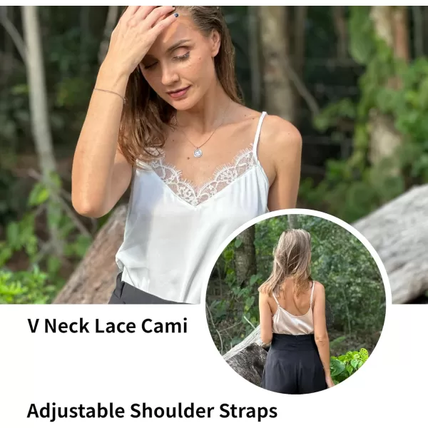Ekouaer Womens 2 PCS Lace Silk Stain Cami Tank Top Basic V Neck Camisole Spaghetti Strap TopsWhiteamp Champagne