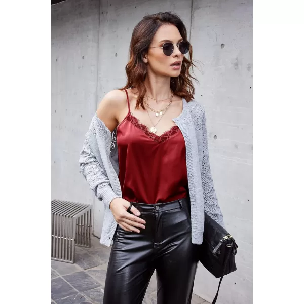 Ekouaer Womens 2 PCS Lace Silk Stain Cami Tank Top Basic V Neck Camisole Spaghetti Strap TopsWhiteamp Wine Red