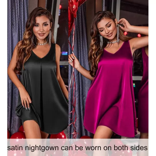 Ekouaer Womens 2 Pack Satin Silk Nightgown Sleeveless Sleep Dress V Neck Nightshirt Soft Tank Pleated NightdressBlackred