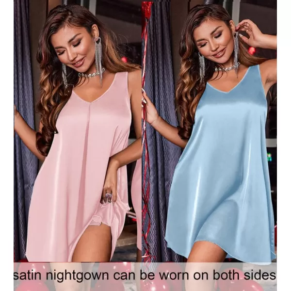 Ekouaer Womens 2 Pack Satin Silk Nightgown Sleeveless Sleep Dress V Neck Nightshirt Soft Tank Pleated NightdressBluepink