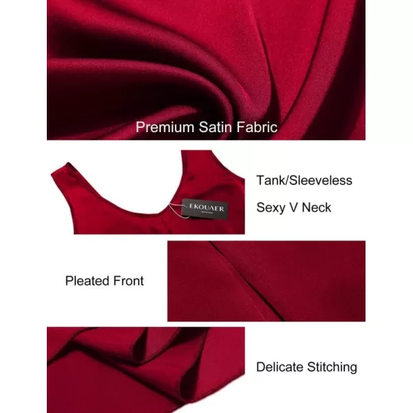 Ekouaer Womens 2 Pack Satin Silk Nightgown Sleeveless Sleep Dress V Neck Nightshirt Soft Tank Pleated NightdressNavydeep Red