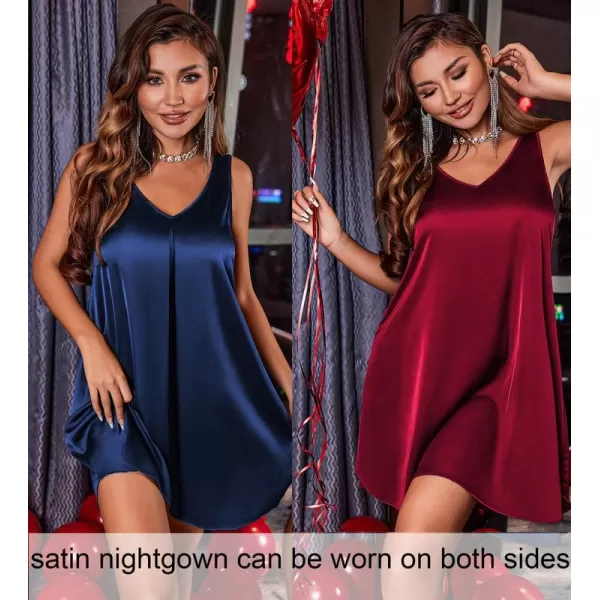 Ekouaer Womens 2 Pack Satin Silk Nightgown Sleeveless Sleep Dress V Neck Nightshirt Soft Tank Pleated NightdressNavydeep Red