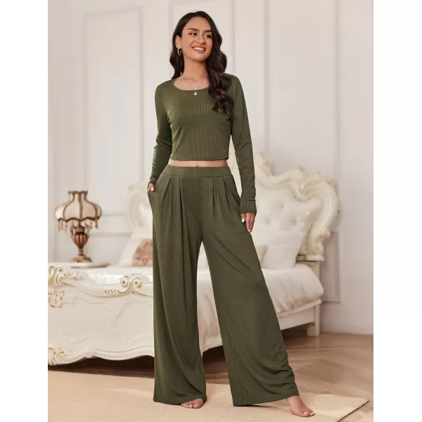 Ekouaer Womens 2 Piece Lounge Sets Ribbed Knit Crop Top Wide Leg Pants with Pockets SXXLLong Sleeve Army Green