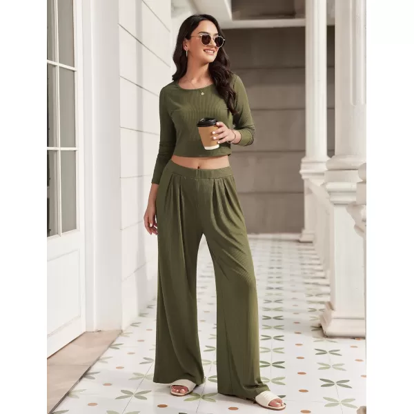 Ekouaer Womens 2 Piece Lounge Sets Ribbed Knit Crop Top Wide Leg Pants with Pockets SXXLLong Sleeve Army Green