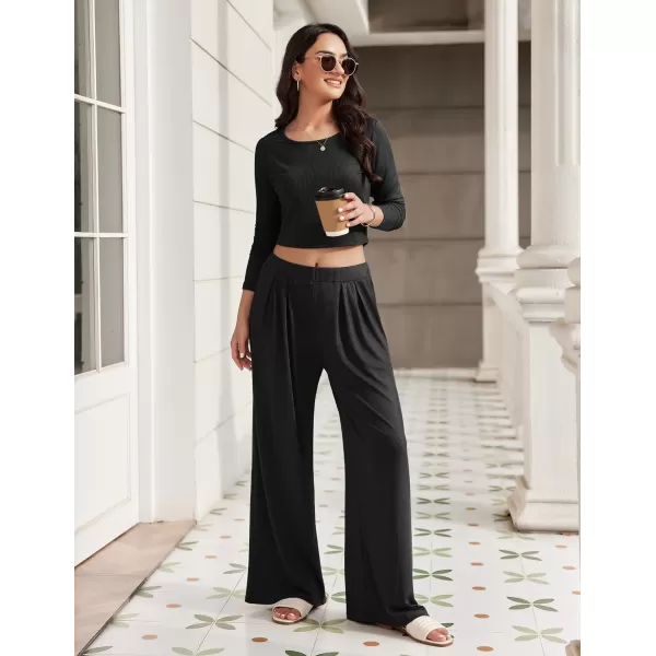 Ekouaer Womens 2 Piece Lounge Sets Ribbed Knit Crop Top Wide Leg Pants with Pockets SXXLLong Sleeve Black