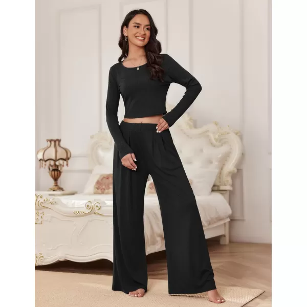 Ekouaer Womens 2 Piece Lounge Sets Ribbed Knit Crop Top Wide Leg Pants with Pockets SXXLLong Sleeve Black