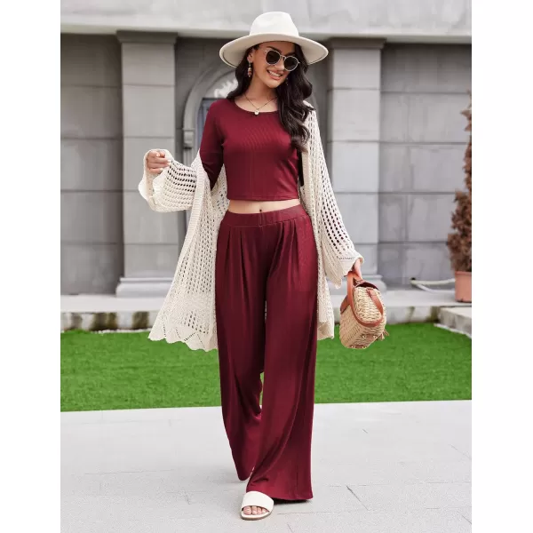 Ekouaer Womens 2 Piece Lounge Sets Ribbed Knit Crop Top Wide Leg Pants with Pockets SXXLLong Sleeve Burgundy