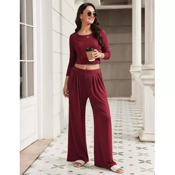 Ekouaer Womens 2 Piece Lounge Sets Ribbed Knit Crop Top Wide Leg Pants with Pockets SXXLLong Sleeve Burgundy