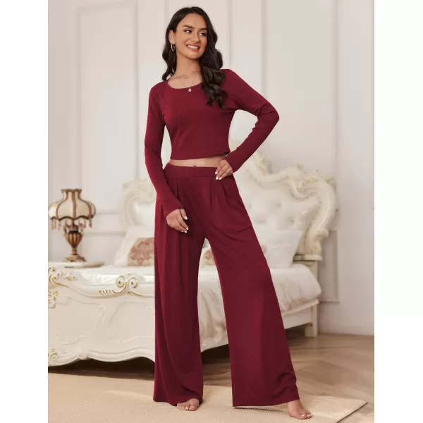 Ekouaer Womens 2 Piece Lounge Sets Ribbed Knit Crop Top Wide Leg Pants with Pockets SXXLLong Sleeve Burgundy