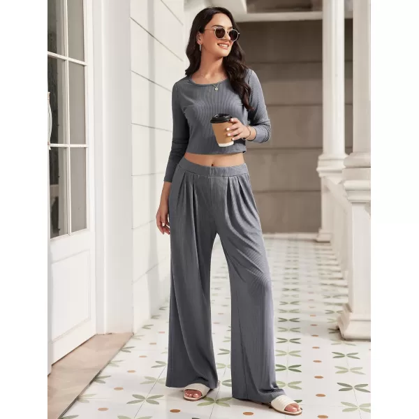 Ekouaer Womens 2 Piece Lounge Sets Ribbed Knit Crop Top Wide Leg Pants with Pockets SXXLLong Sleeve Dark Gray