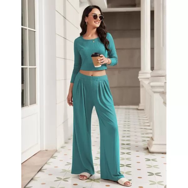 Ekouaer Womens 2 Piece Lounge Sets Ribbed Knit Crop Top Wide Leg Pants with Pockets SXXLLong Sleeve Dark Teal Green