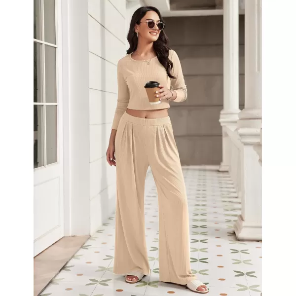 Ekouaer Womens 2 Piece Lounge Sets Ribbed Knit Crop Top Wide Leg Pants with Pockets SXXLLong Sleeve Khaki