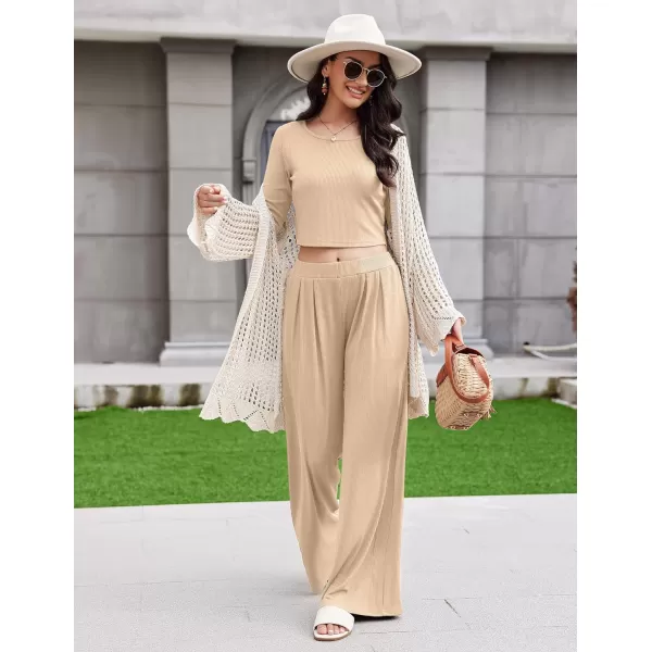 Ekouaer Womens 2 Piece Lounge Sets Ribbed Knit Crop Top Wide Leg Pants with Pockets SXXLLong Sleeve Khaki