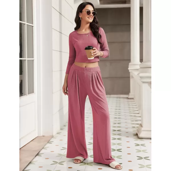 Ekouaer Womens 2 Piece Lounge Sets Ribbed Knit Crop Top Wide Leg Pants with Pockets SXXLLong Sleeve Old Rose