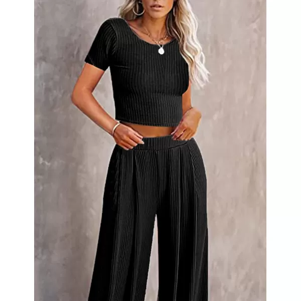 Ekouaer Womens 2 Piece Lounge Sets Ribbed Knit Crop Top Wide Leg Pants with Pockets SXXLShort Sleeve Black