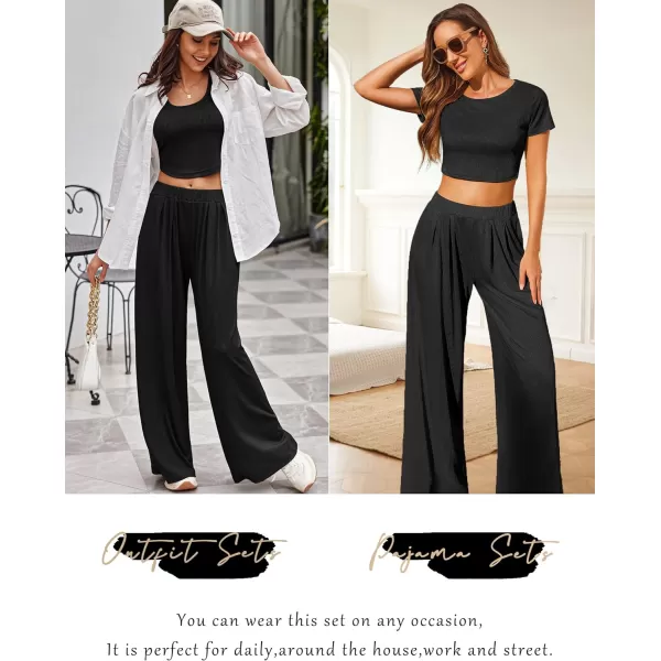 Ekouaer Womens 2 Piece Lounge Sets Ribbed Knit Crop Top Wide Leg Pants with Pockets SXXLShort Sleeve Black