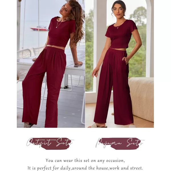 Ekouaer Womens 2 Piece Lounge Sets Ribbed Knit Crop Top Wide Leg Pants with Pockets SXXLShort Sleeve Burgundy