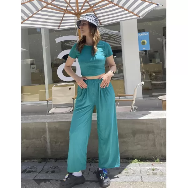 Ekouaer Womens 2 Piece Lounge Sets Ribbed Knit Crop Top Wide Leg Pants with Pockets SXXLShort Sleeve Dark Teal Green