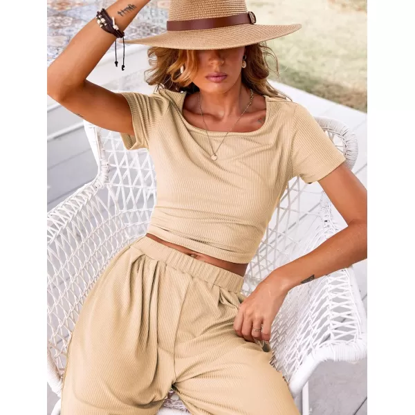 Ekouaer Womens 2 Piece Lounge Sets Ribbed Knit Crop Top Wide Leg Pants with Pockets SXXLShort Sleeve Khaki