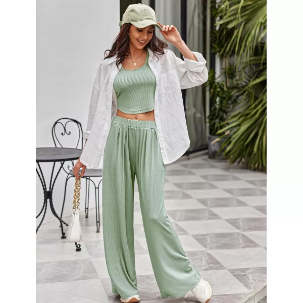 Ekouaer Womens 2 Piece Lounge Sets Ribbed Knit Crop Top Wide Leg Pants with Pockets SXXLShort Sleeve Light Green