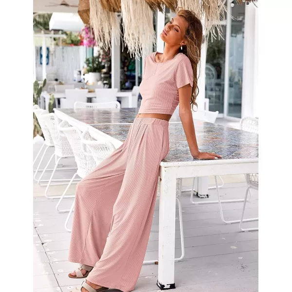 Ekouaer Womens 2 Piece Lounge Sets Ribbed Knit Crop Top Wide Leg Pants with Pockets SXXLShort Sleeve Light Pink